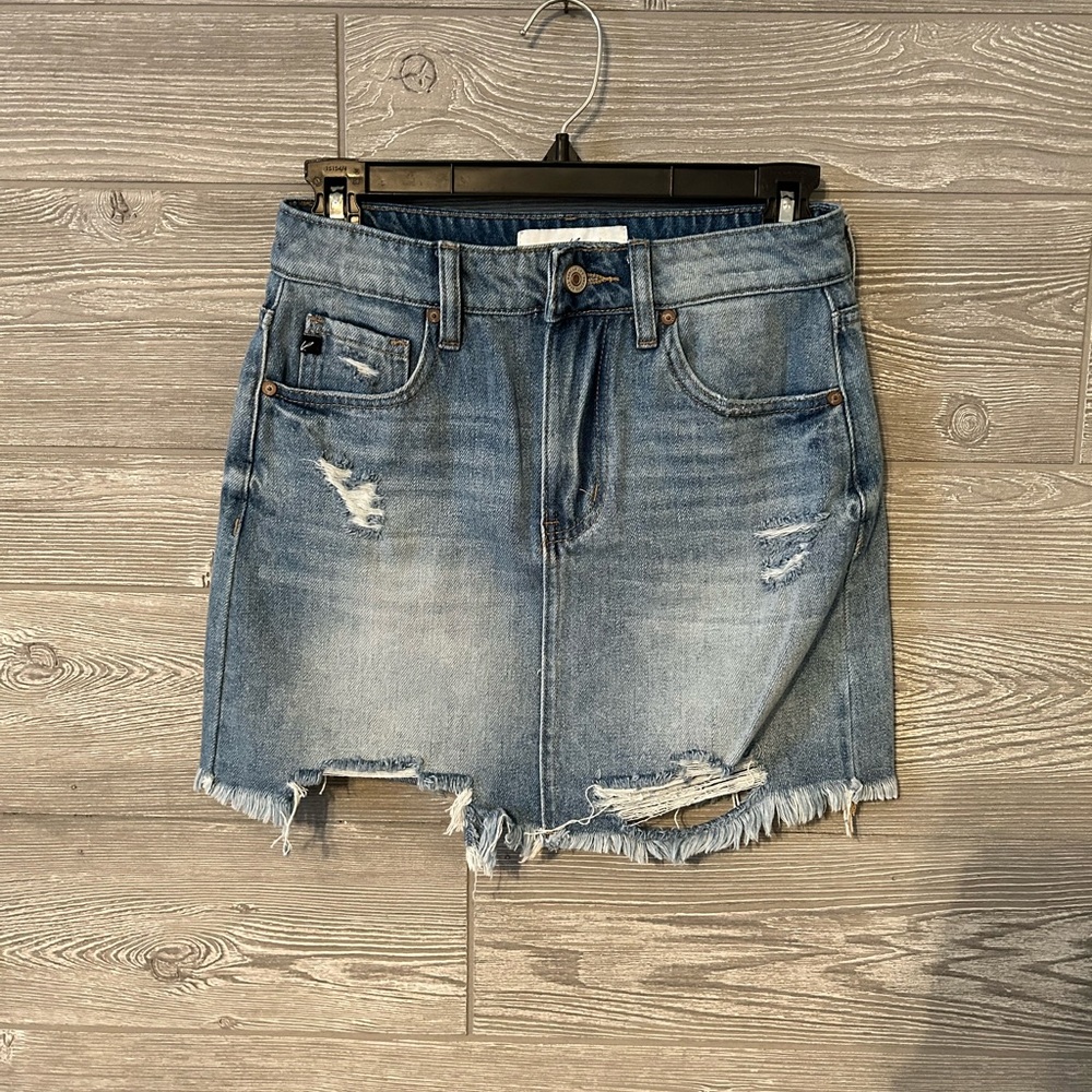 Kancan Womens Denim Skirt Blue Distressed Frayed Hem Size‎ S